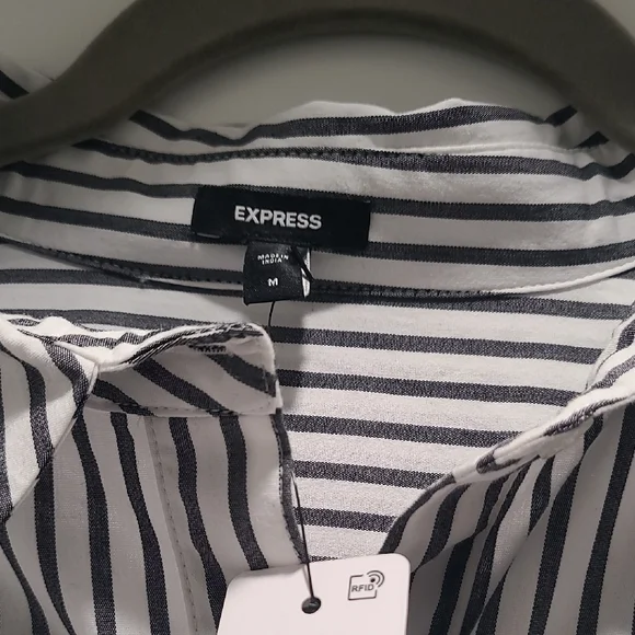 Express Black and White Striped Long Sleeve Mini Shirt Dress - Picture 3 of 6